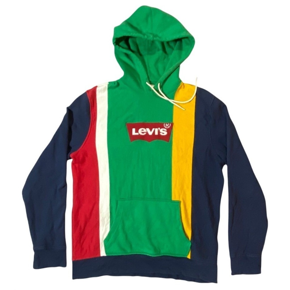 Levis Mens Colorblock Hoodie Green Navy Red Yellow Batwing Logo Pullover Large